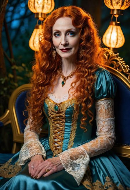 A captivating, cinematic night time photo of elegant beautiful goth vampire woman sitting on a blue and gold bench, hands on lap, smiling, age 50 with long curly orange hair and freckles. She is dressed in an exquisite, white and yellow Victorian dress adorned with intricate lace and gold thread patterns. Her long orange hair flows elegantly, and her eyes are a striking shade of green. Matching slippers enhances her look. The background is a mystical, moonlit forest glowing lanterns, creating an atmosphere of supernatural enchantment., DarkFantasy, photo, cinematic,