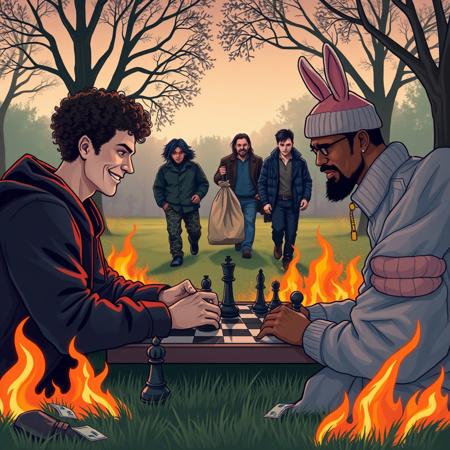 I would like the cover to depict 2 people playing chess in the middle of a park that is in flames. One of the players should have light skin and short curly hair and wearing a dark hoodie and sinister smile. The other player should be very tall and light brown skin with short curly hair looking similar to victor wembenyama. In the background there should be 4 people walking away with a bag of money; out of those 4 characters, one should be a fair skinned tall slightly heavy-set burly man with long hair and beard and glasses, the other should have black dreads and dressed up like he’s from the grunge era, the other should have brown skin and short curly hair and wearing 80s punk rock leather clothes, and the last person should have brown skin and dressed in fishing gear with a beanie that resembles pink and white bunny ears.