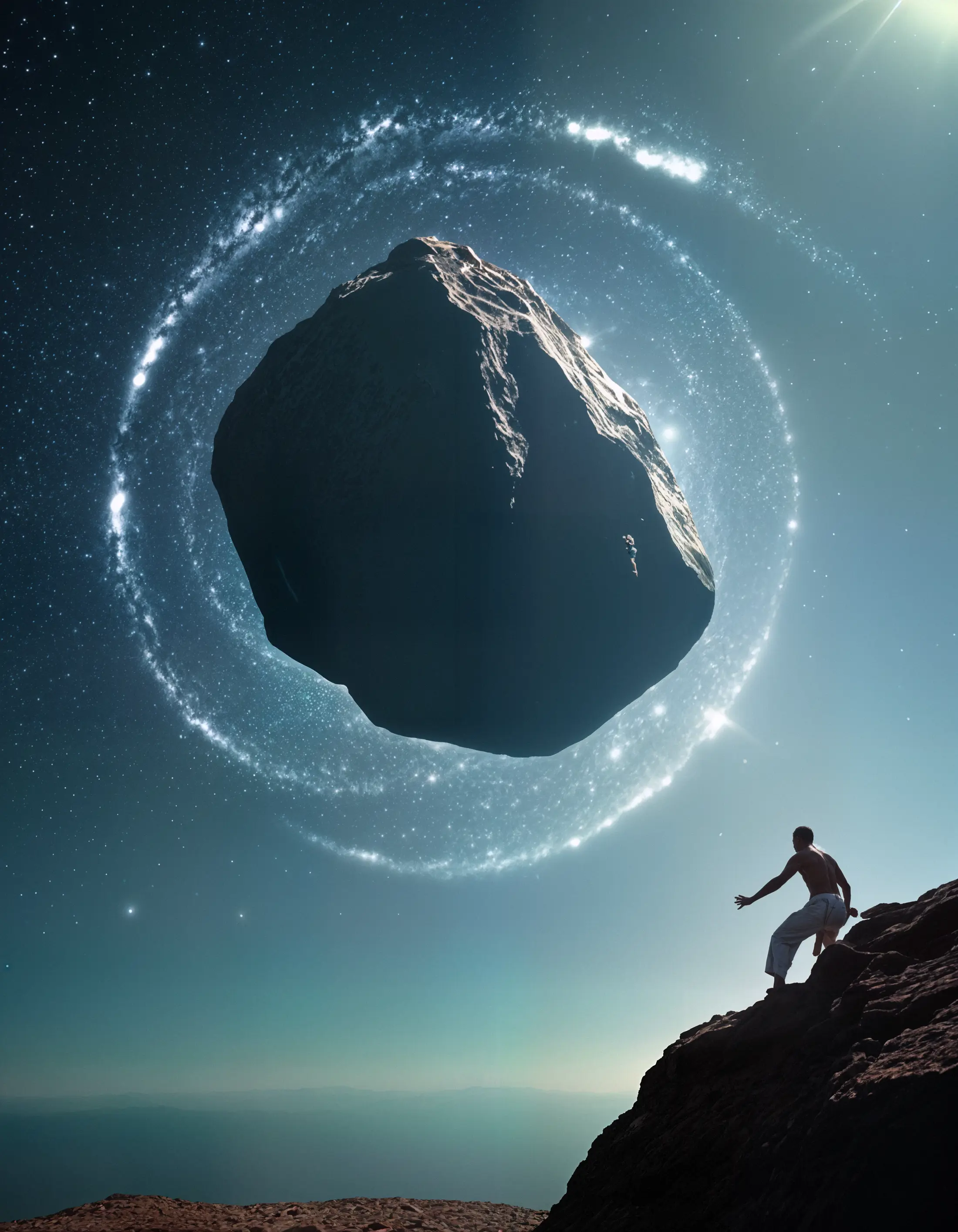 A person perched on a rocky outcrop, seemingly startled by a massive asteroid floating in space in front of a spiral galaxy. The backdrop is a vast horizon under a starlit sky, creating an intriguing contrast between the human scale and the cosmic phenomenon. 