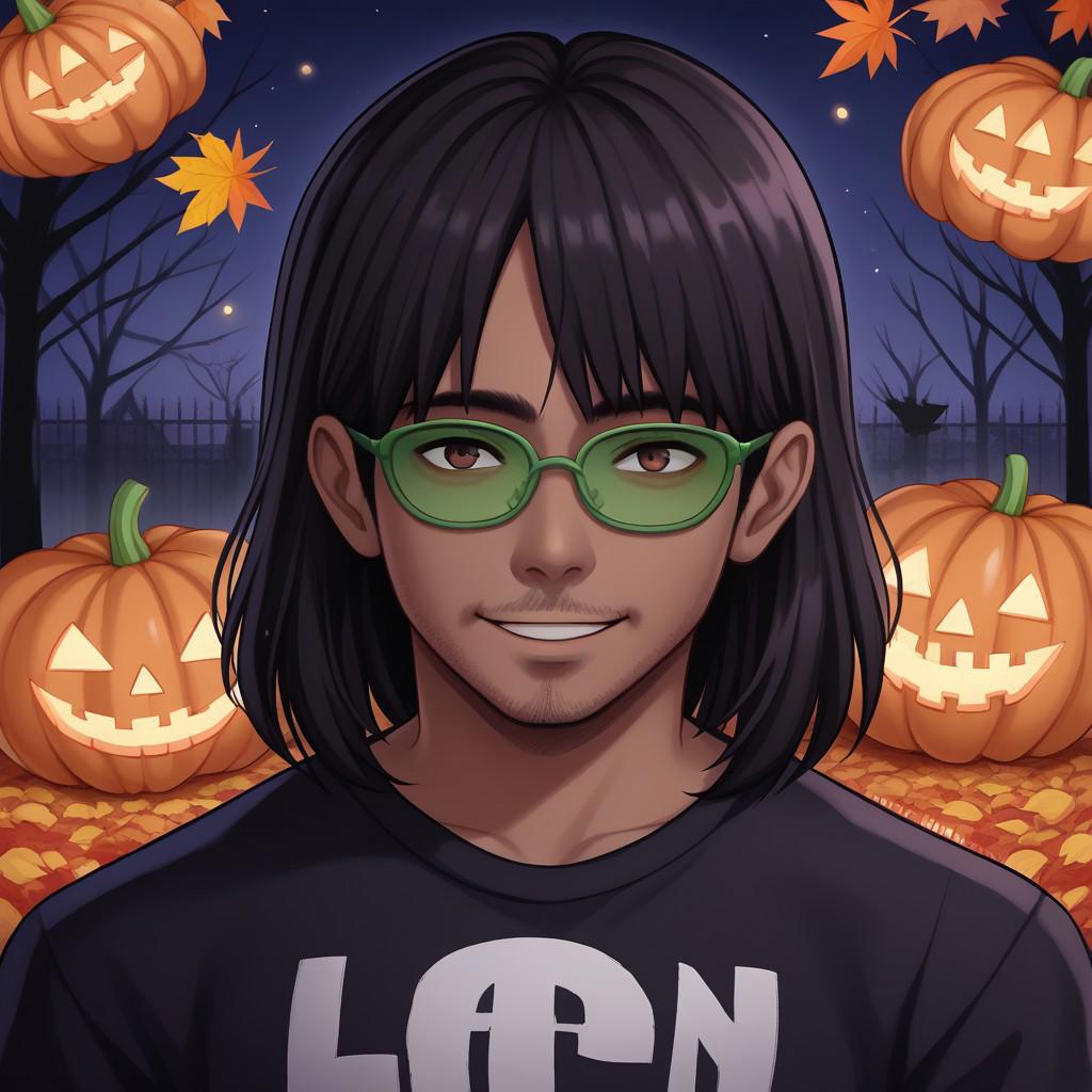 solo,outdoors,posing,portrait,looking at viewer,smile, 1man,black hair,((medium hair)), brown eyes, green sunglasses, ((tanned skin)), beard stubble,(purple t-shirt),halloween, pumpkins, night, darkness, gothic, autumn leaves