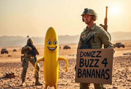 A highly detailed, full-figure real-life Marine Corps perfect soldier, standing still in a disciplined stance. The soldier is fully equipped with modern advanced weapons and tactical gear, showing intense focus and readiness. In front of the soldier is a 2-meter-tall anthropomorphic yellow banana with human-like limbs, expressive eyes, and a playful grin. Next to the banana, a cool, intricately designed cardboard sign reads, ‘Donate Buzz 4 Bananas,’ featuring complex typography and high-detail artwork. The background depicts a desert landscape in Iraq, with distant mountains, military vehicles, and the sun casting a harsh light over the rugged terrain, adding realism and depth to the scene. The contrast between the warzone setting and the absurd banana figure creates a surreal, yet detailed, composition.
