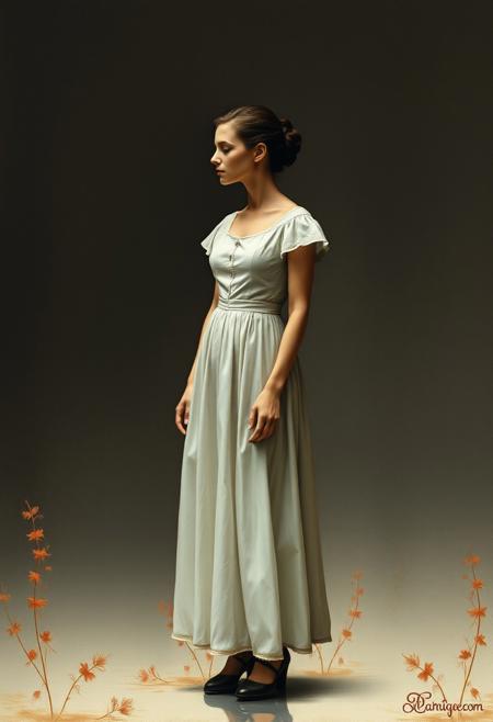 A woman in a vintage dress standing in a silent
minimalist surrealism, impressionistic realism, muted color palette, poetic symbolism, refined brushwork, chiaroscuro lighting, introspective mood, reflections, subtle social commentary, emotional restraint, soft textures, naturalistic figures in surreal settings