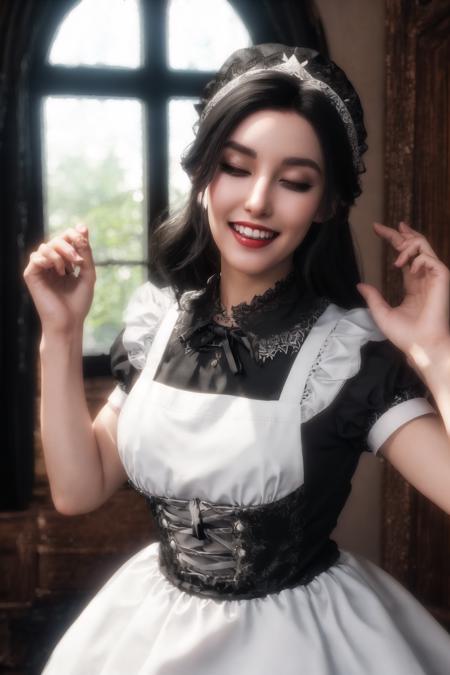 <lora:Serana_Reimagined:0.8> , Serana Reimagined, masterpiece, best quality, 1girl, solo, one eye closed, black hair, smile, apron, short sleeves, maid headdress, maid, red eyes, dress, long hair, white apron, open mouth, v, puffy sleeves, maid apron, upper body, puffy short sleeves, looking at viewer, blurry, collared dress, + +, black dress, hands up, teeth, fangs, one side up, depth of field, ;d, indoors, window, sunlight, vampire,