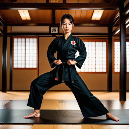 Create a high-resolution digital image of a beautiful Japanese woman in a black karate outfit standing on a mat in a dojo doing her kata.