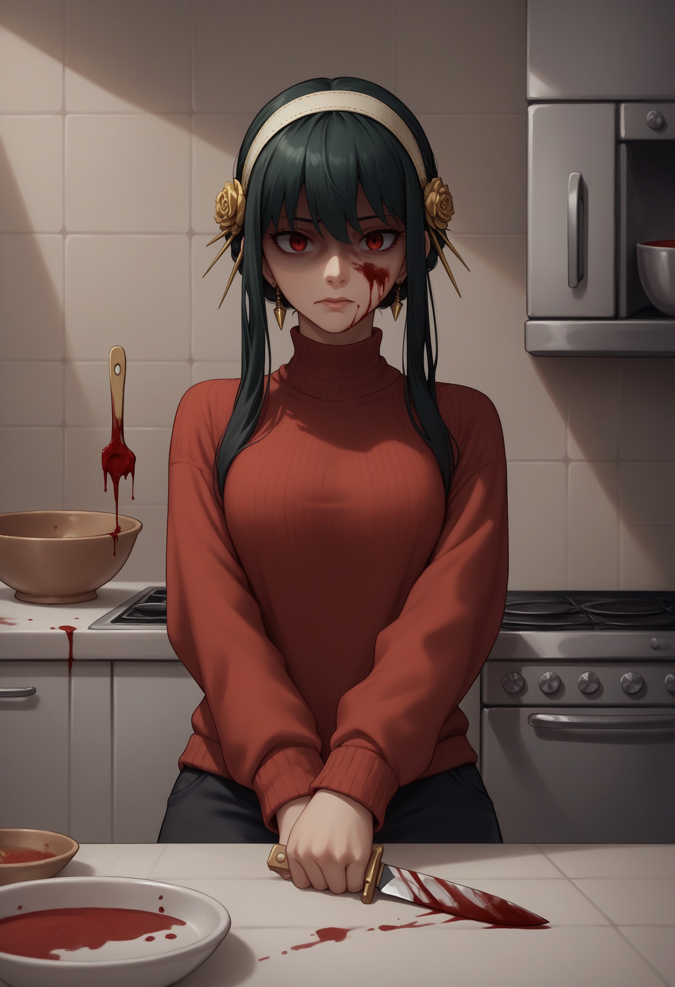 score_9, score_8_up, score_7_up, source_anime, 1girl, yor briar, red sweater, kitchen, kitchen knife, shaded face, blood, ...