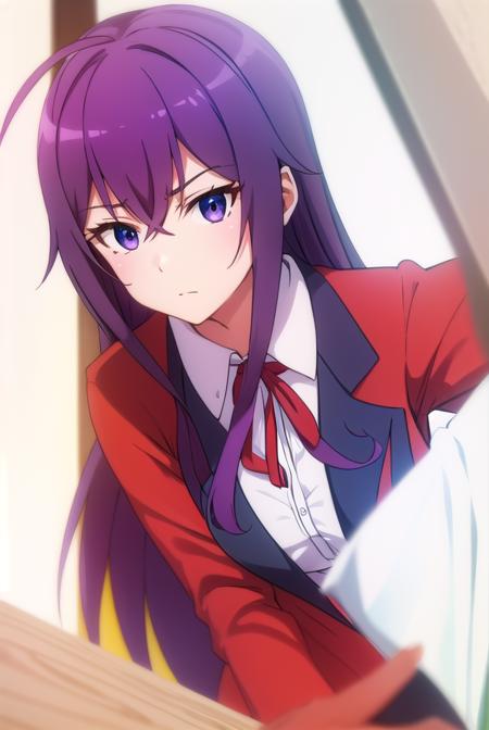 karenkannazuki, <lora:karen kannazuki s2-lora-nochekaiser:1>,
karen kannazuki, long hair, (purple eyes:1.1), purple hair, ahoge,
BREAK skirt, school uniform, blazer, (red blazer:1.5), shirt, white shirt, collared shirt, ribbon, blue ribbon,
BREAK indoors, classroom,
BREAK looking at viewer,
BREAK <lyco:GoodHands-beta2:1>, (masterpiece:1.2), best quality, high resolution, unity 8k wallpaper, (illustration:0.8), (beautiful detailed eyes:1.6), extremely detailed face, perfect lighting, extremely detailed CG, (perfect hands, perfect anatomy),