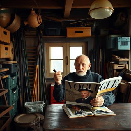 fisherman's shack, interior, fishing paraphernalia, crates, fishing rods, neatly stacked, old fisherman, smoking pipe, turtleneck wool pullover, sitting at old wooden table, reading Vogue magazine