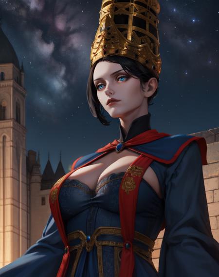 Rennala, short black hair, blue eyes,  sad expression,   cleavage,  from below, 
jewelry, tight blue robe,long crown,long sleeves, wide sleeves, mean look, 
standing,  upper body, 
nighttime,  castle, stars,  rooftop, fantasy, 
insanely detailed, beautiful detailed face, masterpiece, detailed eyes, best quality),  <lora:Rennala-10v6:0.8>