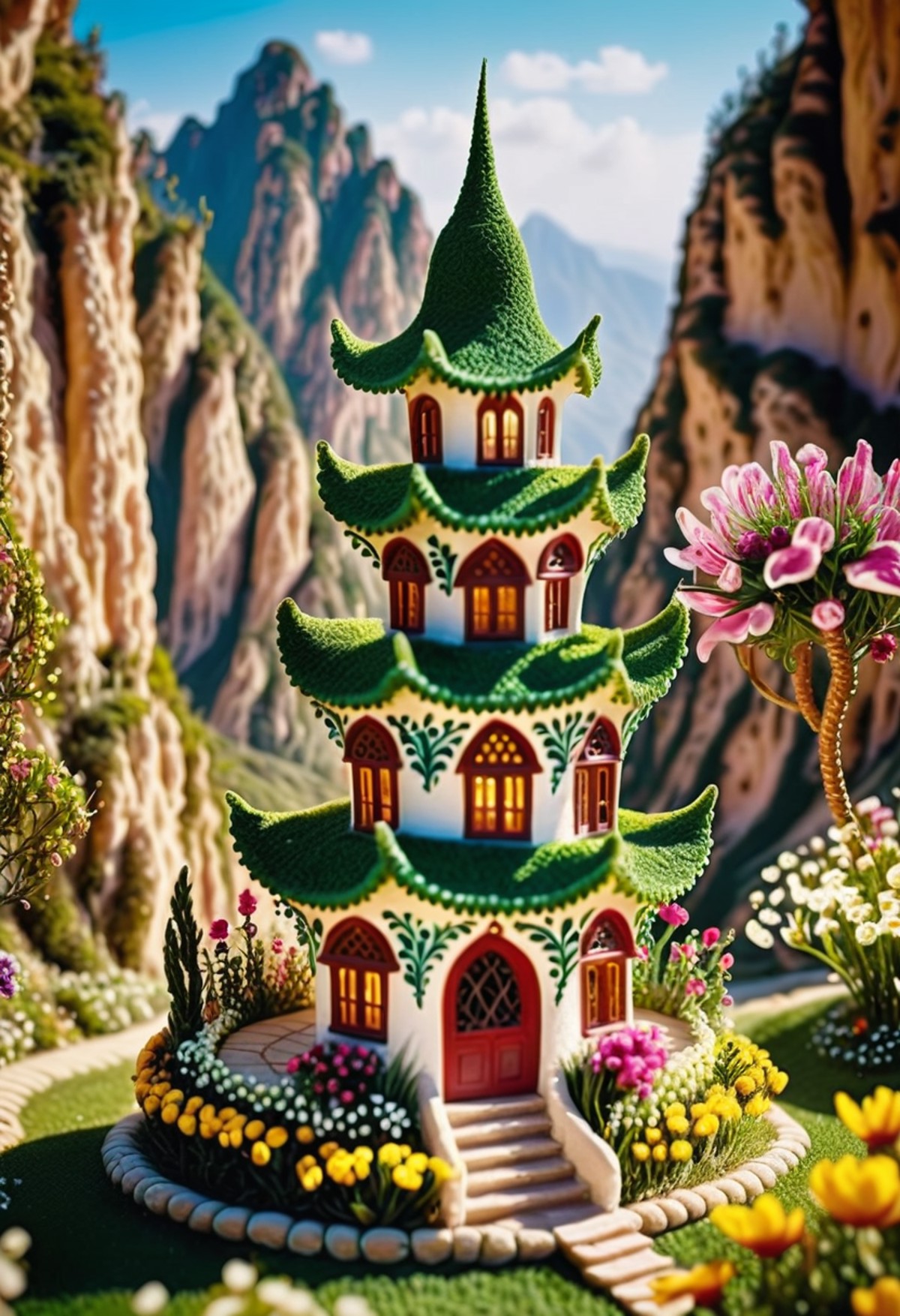 cinematic photo in a surreal landscape, a miniature house inside a A Hangnam needle twists and turns, its exterior painted...