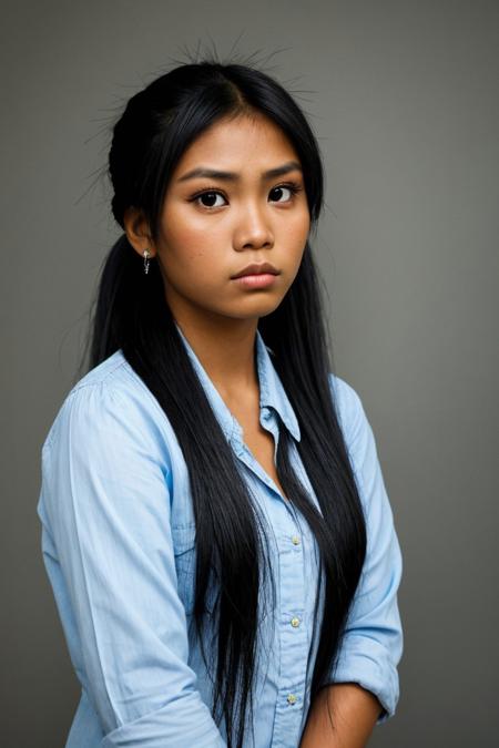 RAW photo of a cute Filipina woman with full lips and long black hair,ponytail,fringe locks,stern worried look