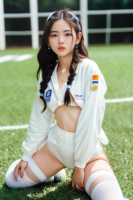 RAW photo, 1girl, yangchaoyue_asian_v1, pale skin, (sailor suit:1.2), (white stockings:1.2), soccer field, (high detailed skin:1.2), 8k uhd, soft lighting, high quality, film grain, Fujifilm XT3