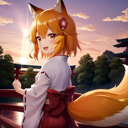 masterpiece, best quality, detailed background, cinematic lighting. sen, animal ears, fox ears, fox girl, fox tail, hair flower, hair ornament, orange eyes, orange hair, short hair, tail, flat chest, 1girl, solo, <lora:senkoLora_v1:1.8>, sakura_trees, standing on a bridge, looking at the water and buildings, pink sky, sunshine, reflections, from side, side view, from below, dancing, happy, open mouth, smiling, cinematic lighting, sun rays, dynamic pose, dynamic angle, jumping, flying, kimono, miko, japanese clothes,