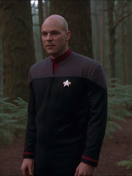 young bald man in black and red ds9st uniform,in a forest<lora:DS9XL:0.8>