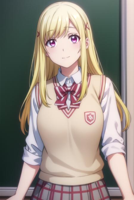 urarashiraishi, <lora:urara shiraishi s1-lora-nochekaiser:1>,
urara shiraishi, long hair, blonde hair, (pink eyes:1.3), hair clip, x hair ornament, smile,
BREAK skirt, bow, school uniform, jacket, plaid, plaid skirt, sweater vest, shirt, white shirt, collared shirt,
BREAK indoors, classroom,
BREAK looking at viewer,
BREAK <lyco:GoodHands-beta2:1>, (masterpiece:1.2), best quality, high resolution, unity 8k wallpaper, (illustration:0.8), (beautiful detailed eyes:1.6), extremely detailed face, perfect lighting, extremely detailed CG, (perfect hands, perfect anatomy),