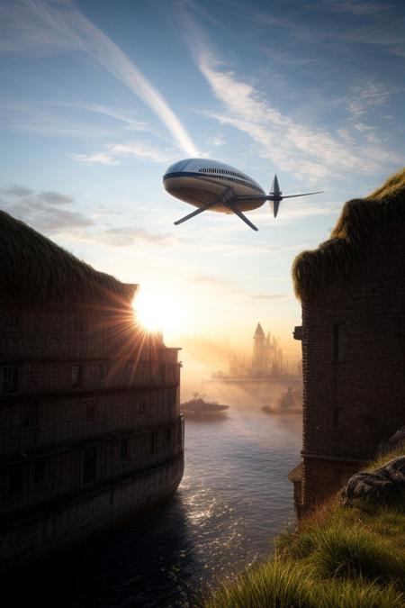 A Floating City in the Sky: Airships, sunlit platforms, and the mystery of a land far below.