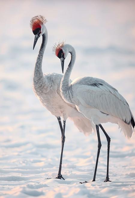 "Two elegant white cranes with black markings on their wings and necks, and distinctive red crowns on their heads, are captured in a moment of interaction on a snowy ground. One crane has its wings partially spread, revealing the intricate patterns of black feathers against the white, while the other crane stands close by with its wings folded. Their long, slender black necks curve gracefully, and their sharp beaks are visible. The background is a soft, out-of-focus expanse of white, suggesting a winter environment. The lighting is soft and diffused, highlighting the textures of the birds' feathers and the subtle undulations of the snow."
8k hyper realistic,splash of wine,sunset celestial