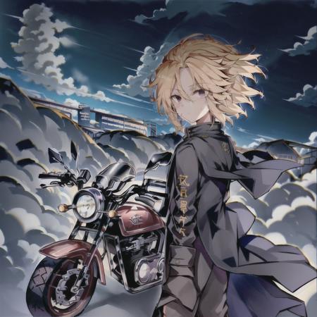 high detailed, 8k, highres, mikey, manjiro_sano, tokyo_revengers, blonde hair, 1boy, solo, male focus, ground vehicle, motorcycle, motor vehicle, cloud, sky, wind, jacket