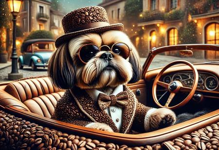 digital painting of a made of Coffee beans, cute shihtzu in suit and bowtie, top hat and cutting edge sunglasses,  entirely made of retro sophistication texture, driving a convertible car, whimsical and magical atmosphere, soft lighting, highly detailed and stylized, concept art for a vintage charm-themed universe