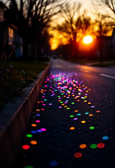 A vertical composition photograph captures a serene suburban street at sunset, featuring a captivating array of colorful light reflections spread across the pavement. The foreground showcases a dark asphalt road with small, brightly colored circular bokeh lights creating a mesmerizing pattern, transitioning through shades of red, pink, purple, blue, green, and yellow. These lights form an intense gradient from bright to dim, adding depth and visual interest to the scene. On the left side of the road, a concrete curb separates it from a patch of dark green grass and thin, elongated leaves of various plants growing near the edge. The midground continues the road, leading towards the background where the setting sun is prominently visible, casting a warm amber glow and creating long shadows. The sun's bright yellow and orange hues illuminate the surrounding trees and buildings, which are silhouetted against the sky. The background features bare tree silhouettes on both sides of the road, creating a natural frame that leads the eye towards the horizon. The overall lighting is natural and warm, with high contrast between the brightly lit areas and the darker surroundings. The color palette includes deep blues, warm oranges, cool greens, and vibrant purples, creating a magical and tranquil mood. The shallow depth of field emphasizes the bokeh lights and the sunset, while the blurred background and foreground elements add depth and dreamy quality to the image.