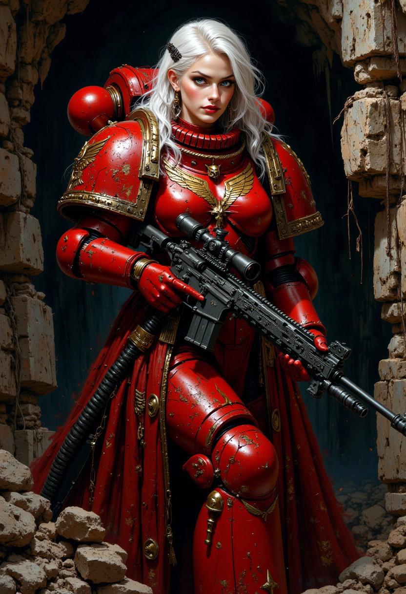 detailed renaissance oil painting, masterpiece, mythp0rt, a gorgeous female BloodA40K space marine in red power armor with dark embellishments, long white flowing hair, earrings, dark eyeshadow, red lips, holding a sniper rifle, aiming, dynamic pose, in a dark, damp cave, directional lighting, masterpiece, perfect composition, perfect hands, cowboy shot