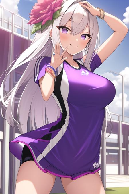 Girl,Flower,Dress,Wins,Bracelet,Jewelry,Smile,Crow,Bangs,Purple eyes,White hair,(Sportswear),Without wins,,