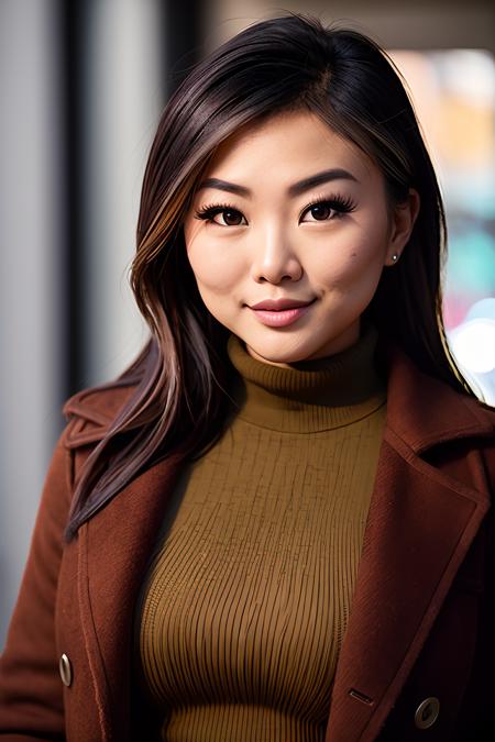 photo of (v1ck1li:0.99), a woman, RAW, close portrait photo, long brown coat, (turtleneck sweater), (trousers), (high detailed skin:1.2), 8k uhd, dslr, soft lighting, high quality, film grain, Fujifilm XT3 sharp focus, f 5.6, (closeup portrait)