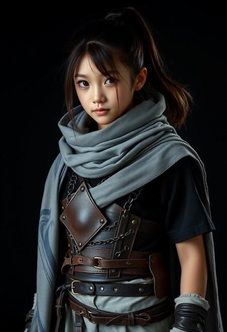 full shot of a japanese ninja girl, she is very young, She has a tall ponytail hair style, She has a scar in the right eye, She wears a grey scarf cape, She wears two warrior belts with chains, she wears a Battle leather corset, she wears a black T-shirt, she wears light grey Explorer trousers, photography studio style, hyper realistic, ultra detailed