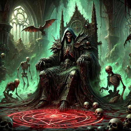 A Lich Knight, its skeletal form cloaked in ancient blackened armor and a tattered hooded cloak, eyes glowing with necrotic power. It stands amidst the shattered ruins of a desecrated cathedral, surrounded by a thick, sickly green miasma of poisonous gas. The air is choked with decay, and twisted runes glow faintly on its corroded armor. Its cracked sword pulses with dark energy, and a corrupted aura distorts the very air around it. Dark fantasy style, cinematic lighting, ominous atmosphere, extremely detailed digital painting.