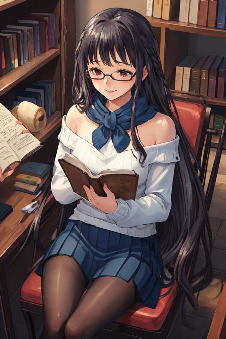 masterpiece, best quality, 1girl, solo, public library, shelves of books,  <lora:Sakajo_Hikaru_v2-000190:0.7>, glasses, black hair, (wool sweater:1.5), off-shoulder, black bra straps, twin braids, red eyes, (thicc thighs:1.2), (very long hair, straight hair:1.5), embarrassed, (shy, insecure:1.5), (pleated skirt, black skirt, black pantyhose:1.5), high-heels, (checkered scarf:1.3), ribbons, long sleeves, sleeves past wrists, wool hat, sitting, on an antique chair, (legs crossed:1.5), reading a book, smiling, looking down at book,