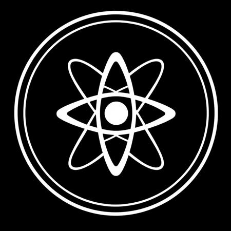 (stylized logo, emblem, vector art), (schematic representation of an atom), (solid colors, thick-linework), white outline, black background, 
atom symbol white in the center, heraldic, black background, HDR, UHD,