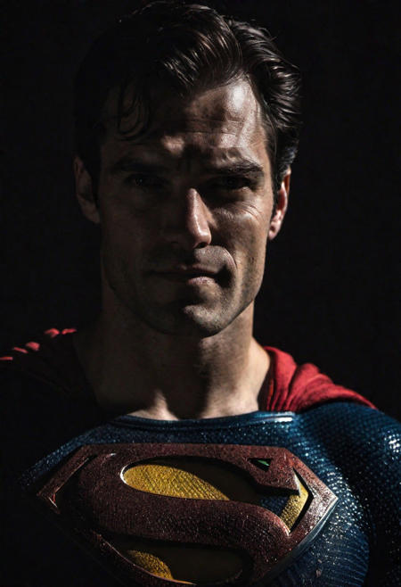 Close-up, (SUPERMAN ), grim smile, relaxed pose, portrait movie shot, serious, menacing, chiaroscuro style photo, dark background, minimalism, dramatic lighting, professional quality, dull highlights and shadows, natural and  original,