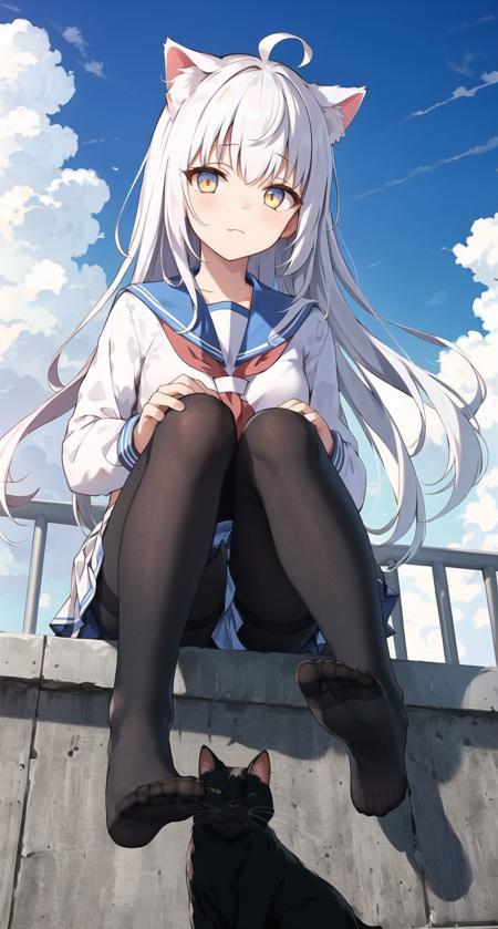 ((masterpiece, best quality)),a girl, solo, skirt, sky, sitting, pantyhose,black legwear, serafuku, blue sky and cloud,day, bangs, fence, shirt, ahoge, rooftop, long hair, black pantyhose,white hair, white school uniform, white sailor collar,golden eyes, sailor collar, white skirt, red neckerchief, white serafuku, animal ears, blue sky,white shirt, looking at viewer, closed mouth,cat ears, no shoes, white skirt, cloudy sky,from below