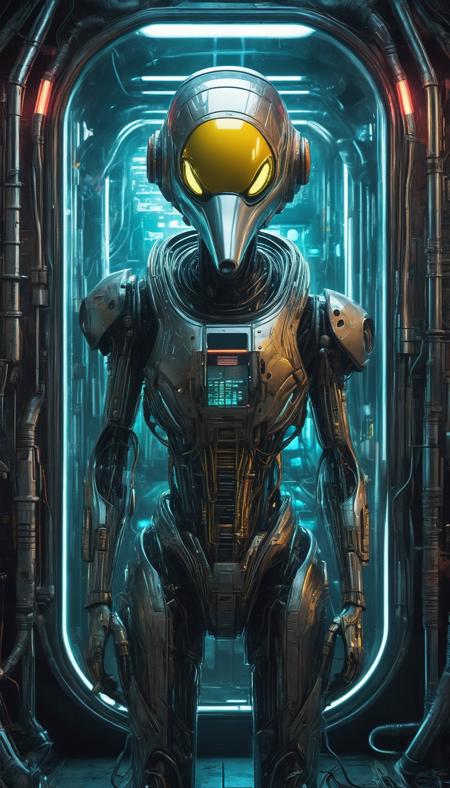 In the heart of a neon-soaked dystopian laboratory,  a cyberpunk android,  its face an eerily perfect recreation of Donald Duck's,  stands encased within a translucent tube. The eerie,  mirrored surfaces of the lab's alien machinery reflect the android's lifelike appearance. Futuristic alien hardware,  adorned with intricate circuitry and otherworldly glyphs,  hums with an otherworldly energy,  framing this uncanny fusion of human and machine.