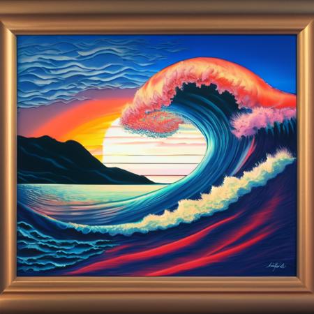 (retrotide style:1) a painting of an ocean wave with a sunset in the background <lora:djzRetroTideV21_LoraBooth:1>