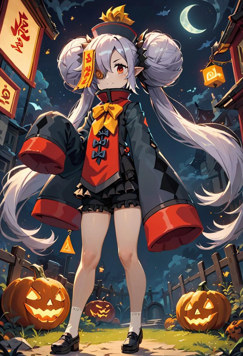 score_9, score_8_up, score_8, (curvy), cute, eyelashes,      
,,,
zmaiden, black headwear, hair ornament, ofuda, jiangshi, long sleeves, chinese clothes, sleeves past fingers,  black bloomers, black footwear,
,,,
dynamic pose, 
,,,
zPDXL, halloween, pumpkins, graveyard,