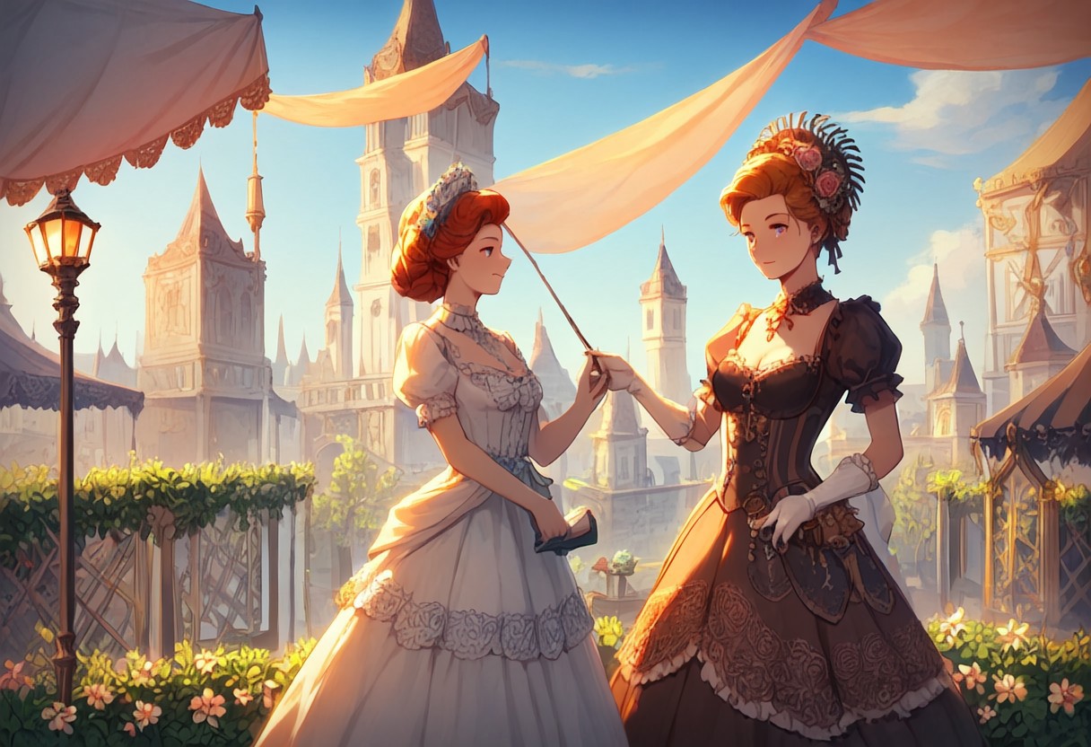 score_9, score_8_up, score_8. score_9, score_8_up, score_7_up, masterpiece, 4k, high quality, (best quality:1.1),anime, beautiful drawing, In the heart of a bustling steampunk Victorian city, a woman in an exquisite, elaborate dress stands amidst the crowd. Her eyes are fixed on a street musician, his melodies weaving through the industrial noise, his face radiating joy. The scene captures the stark contrast between the city's mechanical progress and the beauty of nature. This vivid picture, perhaps a painting, exudes lush detail: the intricate gears of the woman's attire, the musician's genuine smile, and the fusion of cityscape and greenery in the background. The image is a masterpiece, skillfully blending nostalgia, whimsy, and urban grit.
