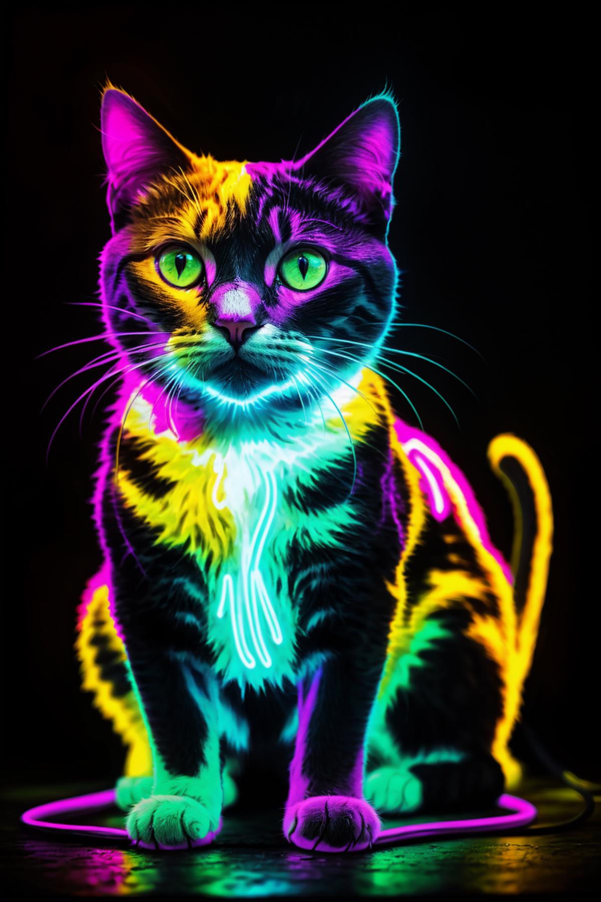 A neon-colored cat with green eyes and a purple nose.