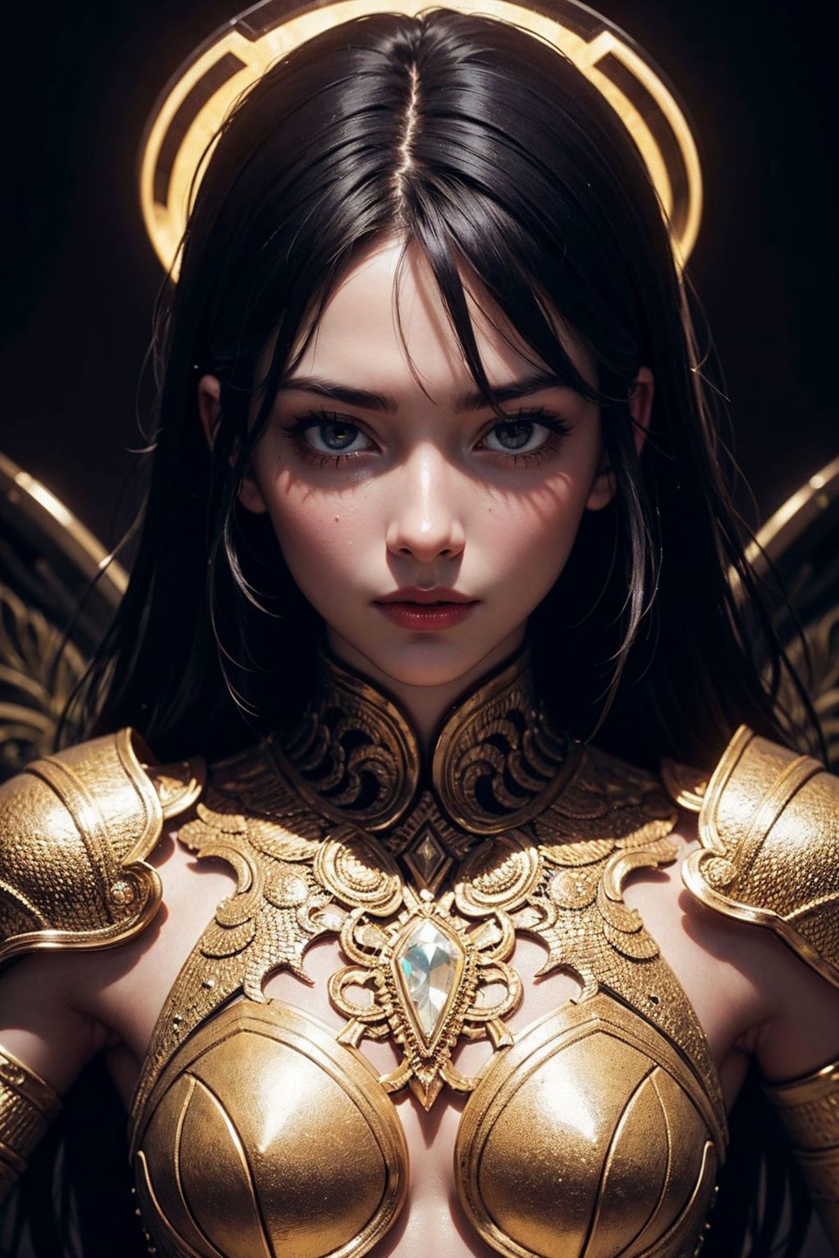 Anime-style woman with dark hair, blue eyes, and gold armor.