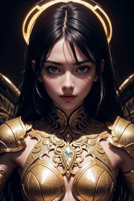 (8k, RAW photo, highest quality), hyperrealistic, intricate abstract, intricate artwork, abstract style, mesmerizing portrait of a woman with golden armor, delicate diamond patterns, armor from another world, insanely detailed features, reflecting lights, glimmering lights, dark elements, shiny, bioluminescence, non-representational, colors and shapes, expression of feelings, imaginative, highly detailed, extremely high-resolution details, photographic, realism pushed to extreme, fine texture, 4k, ultra-detailed, high quality, high contrast