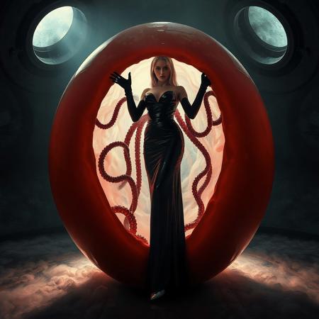 noble norvegian femme fatal lady  standing struggling with with tentacles pulling her inside  hole in giant transparent slime egg,  wearing evening GLOSSY THIN black slime live tentacles gown, GLOVES  and high heels, , surrounded by  weird fog from the floor, captured in light beam from celling,  alien breeding chamber,  , portholes to outer space,  ultrathin waisT, HORROR,  reminiscent of H.R. Giger, Zdzisław Beksinski, and Ash Thorp's dark, sleek styles, with close-up glamour photography, glossy satin and silver heels glistening, fleshy slime dripping, and dark shadows.