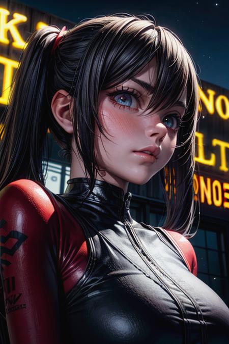 realistic,
anime,
perfect anatomy,
(masterpiece,
best quality,
high detailed:1.4),
high detailed eyes,
3d,
8k,
cg.
wallpaper,
portrait,
eyes high light,
(close-up:1.2),
1girl,
solo,
high detailed red body suit,
black long hair,
twintails,
big eyes,
standing,
looking at viewer,
embarrassed,
(very prominent blush),
(side diagonally down view),
outdoor,
<lora:flat2:-1>,
(dark night,
neonsign:1.4)