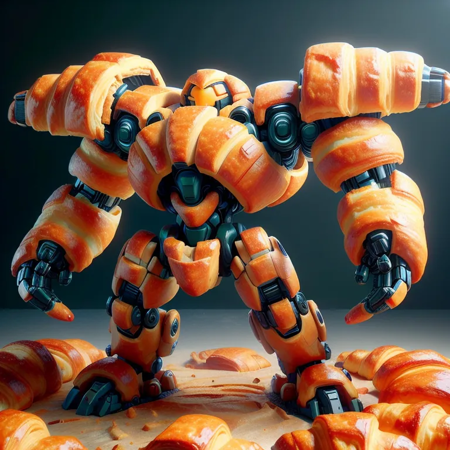 A combat robot whose entire body is made of croissants <lora:food_carving_sd_1_5_20231205:1>,