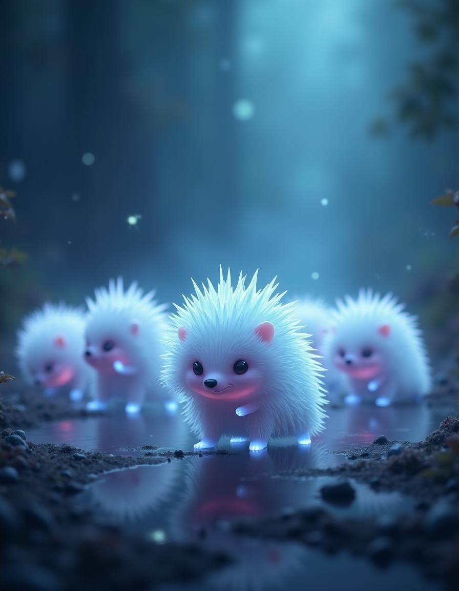 GhostlyStyle, a group of ghost hedgehogs, translucent hedgehogs, tiny spectral hedgehogs coming towards the viewer, cute ghost hedgehogs with glowing spikes, many ethereal baby hedgehogs with floating tiny paws, playful spiritual hedgehogs with misty aura, digital art style