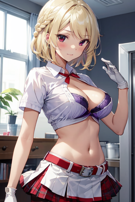 BaratoReiko, 1girl, solo, short hair, plaid skirt, blonde hair, large breasts, white shirt, red eyes, gloves, navel, cleavage, braid, short sleeves, midriff, collared shirt, white gloves, miniskirt, red skirt, tied shirt, white belt, purple bra