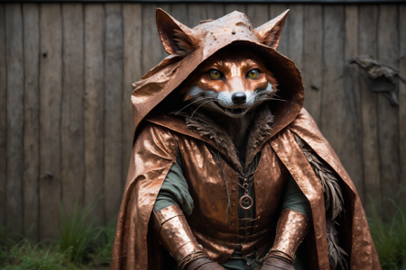 ((a copper fox thief with a sly grin, wearing a tattered cloak and a feathered hat, holding a sack of coins, solo):2.5), ((confident smile, head held high, eyes shining with determination):2.0), ((a lively race track with a dirt path, cheering crowd, wooden fences, a copper trophy on a stand, detailed background):2.2), ((playing an accordion, dancing with a goofy grin, determined look, furrowed brow, eyes focused ahead, action focus, medium shot):1.9), ((a copper book, open to a page, golden pages):1.5), ((best quality, vibrant colors, natural earth tones, warm browns and greens, bright light, medium shot):1.8), <lora:MadeOfCopper01_CE_SDXL:1>