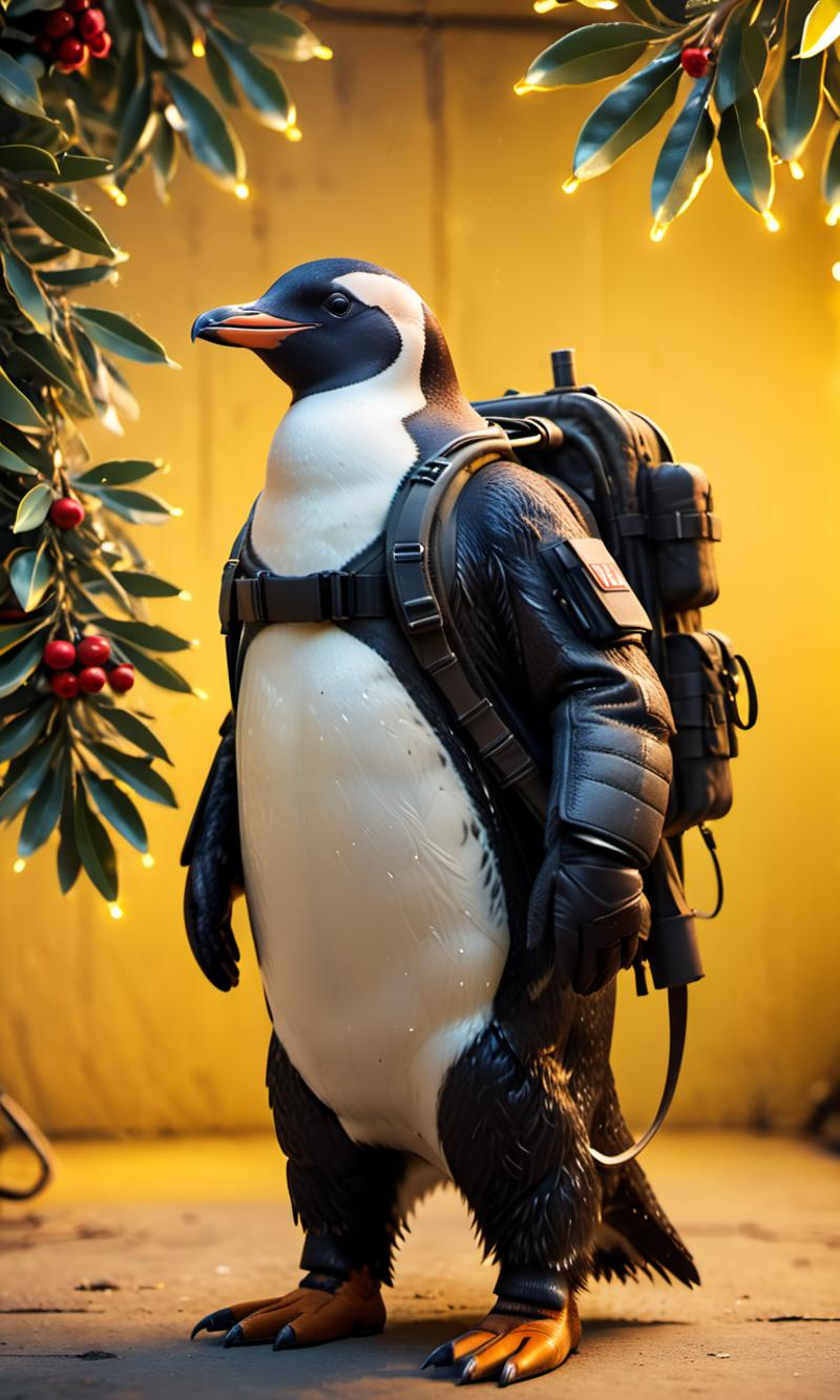 A penguin statue with a backpack and a black jacket.