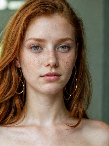 close-up of a 20 year old redhead with dark green eyes, freckles, beauty spots, no makeup, natural, earrings, innocent expression, hard shadows, soft lighting, sharp focus, skin details