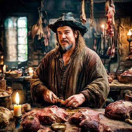 highly detailed candid photo of butcher:1.2,


solo, 1boy, hat, jewelry, male focus, food, indoors, blurry, window, facial hair, table, ring, beard, robe, candle,


masterpiece, best quality:1.1, realistic:1.3,
back lighting:1.2, dark medieval abattoir,

ultra photoreal, photorealistic:1.0, sharp focus:1.1, 
depth of field:1.1, 

50mm, style of Nathan Wirth, Hasselblad X1D II, Porta 160,
