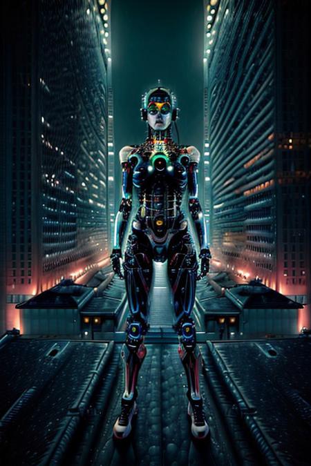 A feminine humanoid AI with expressive eyes gazes at a futuristic city skyline from a high balcony. The city below is alive with glowing vehicles, towering skyscrapers, and interactive billboards. A soft wind moves through her minimalistic attire,  three quarter view,