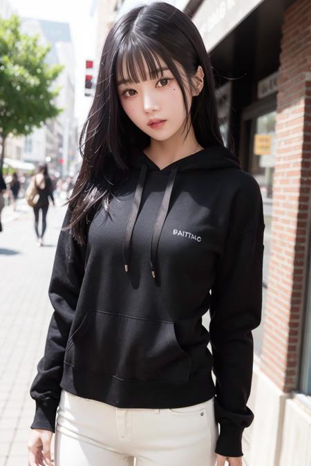 kwoneunbi, bangs, woman, urban, streets, RAW,(8k, best quality, masterpiece:1.2),(intricate details:1.4),(photorealistic:1.4),octane render, complex 3d render ultra detailed, studio soft light, rim light, vibrant details, ultra detailed, realistic skin texture, detailed face, beautiful detailed eyes, extremely detailed CG unity 8k wallpaper, makeup, (detailed background:1.2), (cowboy shot:1.2),(hip),(perfect anatomy:1.2),(black hoodie, long jeans:1.2), <lora:kwoneunbi-v3:1>